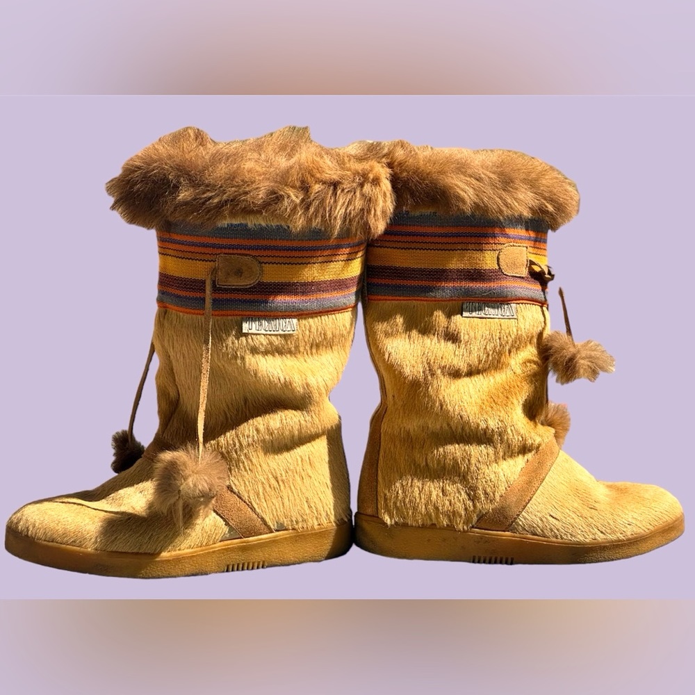 Tecnica Goat Fur Boots Ski Tassels Italy Winter EU 37 US 6.5 Tan Blue Orange